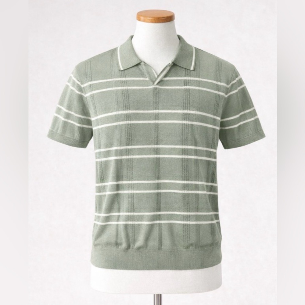 Ben Sherman Men’s Open Neck Polo Shirt Green Striped Knit Size L Textured NEW
